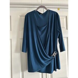 Rachel Rachel Top Womens Plus 3X Teal Blue 3/4 Sleeve Buckle Flowy Stretch USA